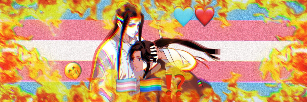 Image text reads "trans wangxian mini bang". Text is set over a very deep fried banner image of Lan Wangji pressing Wei Wuxian's head to his chest over a backdrop of the trans flag. The image is surrounded by deep fried flames and decorated by deep fried e